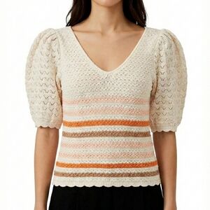 Another Love Striped Puff Sleeve Knit Top Boho Chic Sweater L Crochet Cottage